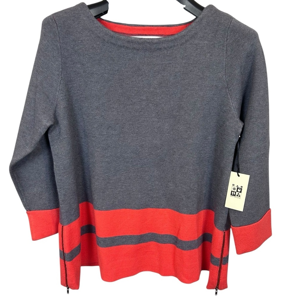NWT Max Studio Womens Sweater Medium Wool Blend Orange grey Side Zippers Striped